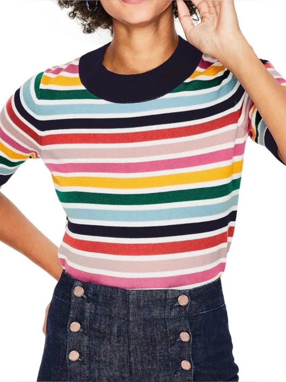 Boden Women’s extended short sleeve Navy, Pink, Olive & Mustard Striped Knit top